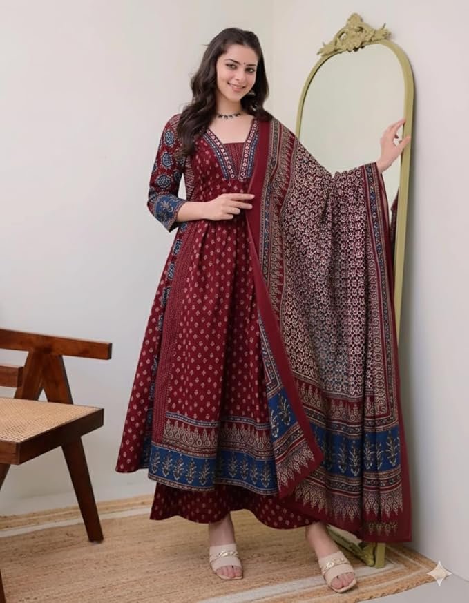 KLOSIA Women's Rayon Printed Anarkali Kurta and Pant with Dupatta Set - Image 2